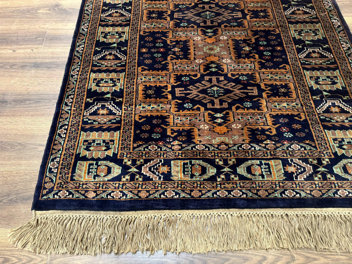 Vintage Afghan Rug 4x6, Navy Blue and Light Brown, Geometric Medallions, Wool on Wool, Tribal Rug - Jewel Rugs, view 9