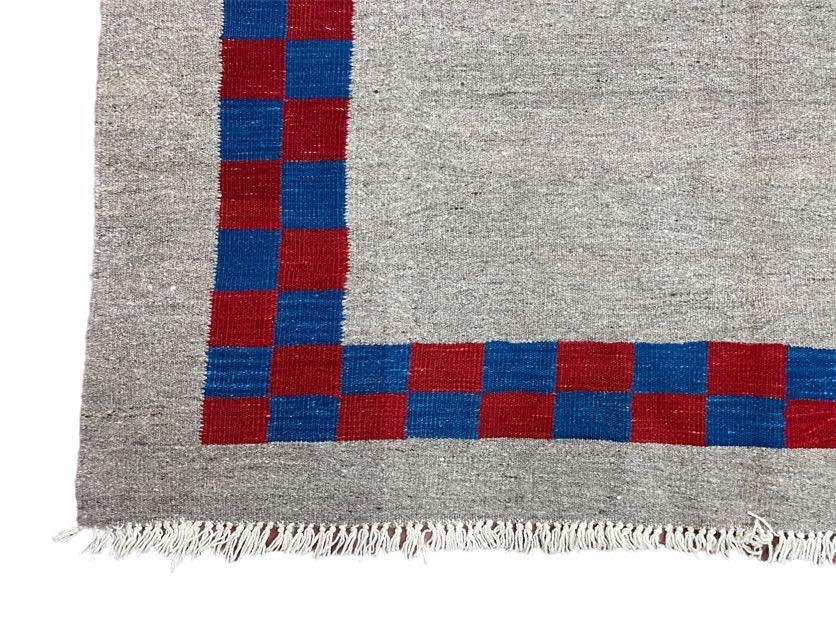 Gray Turkish Kilim Carpet 5' 7" x 7' 7", Medium Kilim Rug, Hand-Knotted, Blue & Red Border, Minimalistic Design, Geometric, Wool, New - Jewel Rugs, view 9