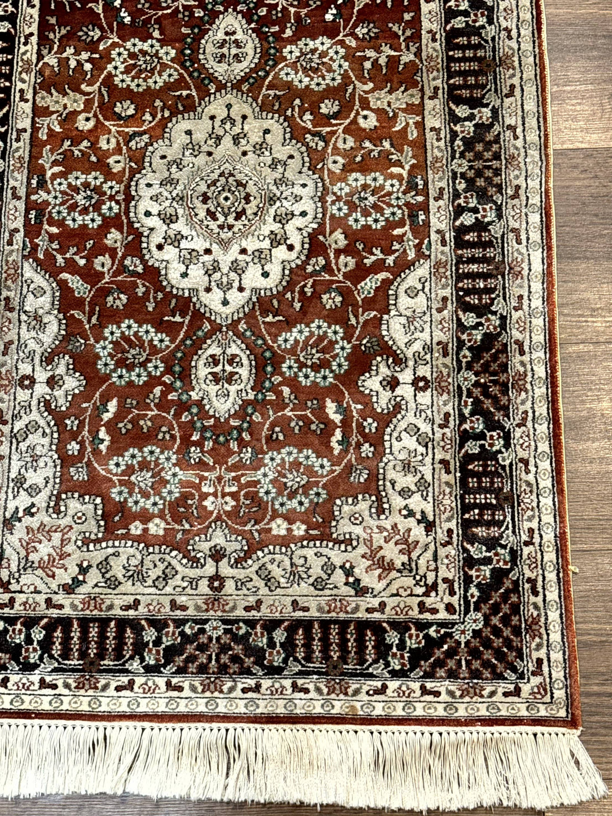 Turkish Silk Narrow Runner Rug 2 x 5.8, Very Fine 340 KPSI, Floral Medallions, Red - Jewel Rugs, view 10
