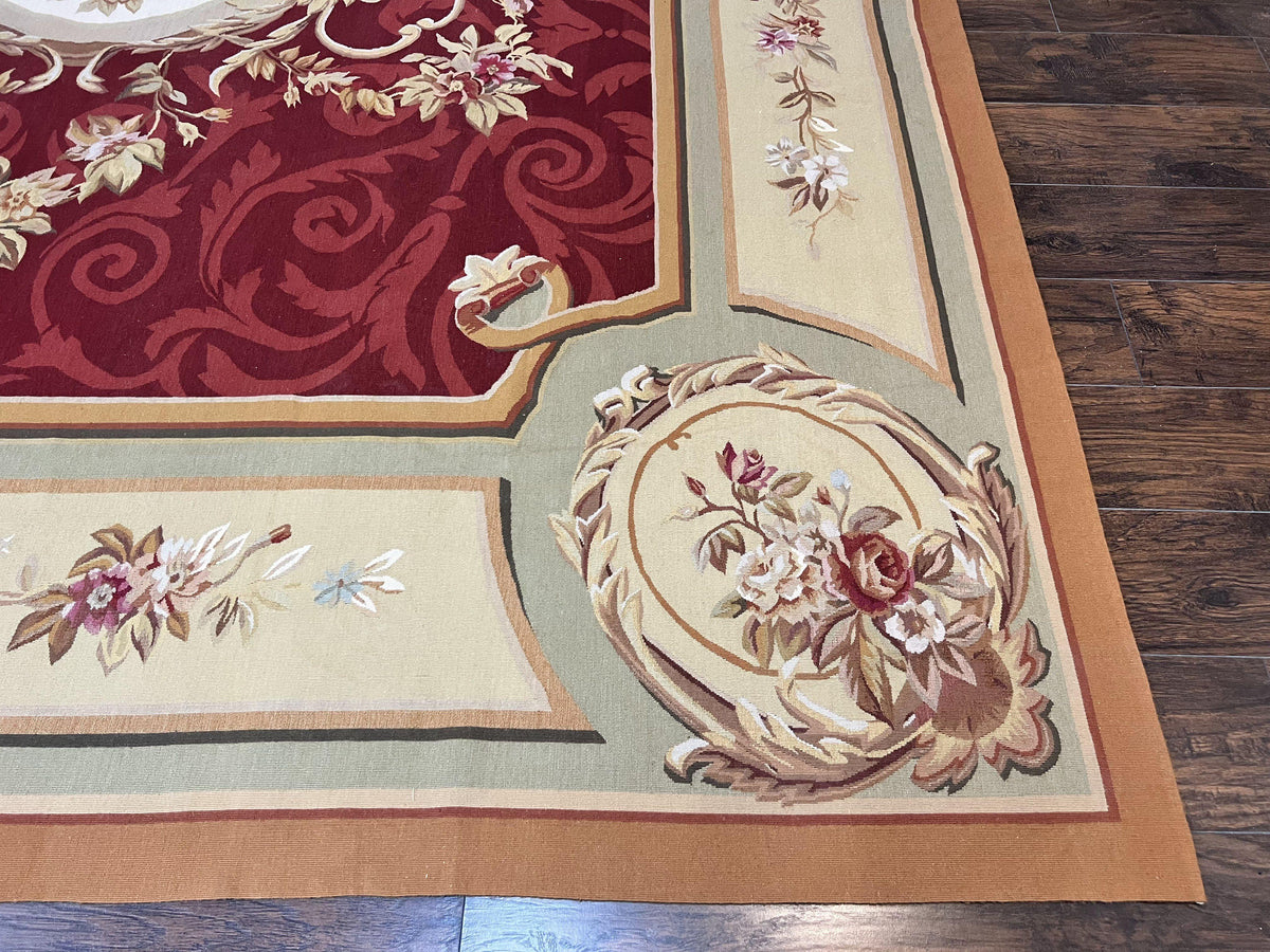 Large Aubusson Rug 10x14, Wool Handmade Vintage Carpet, Dark Red Ivory Tan, French European Elegant Aubusson Weave Rug - Jewel Rugs, view 10