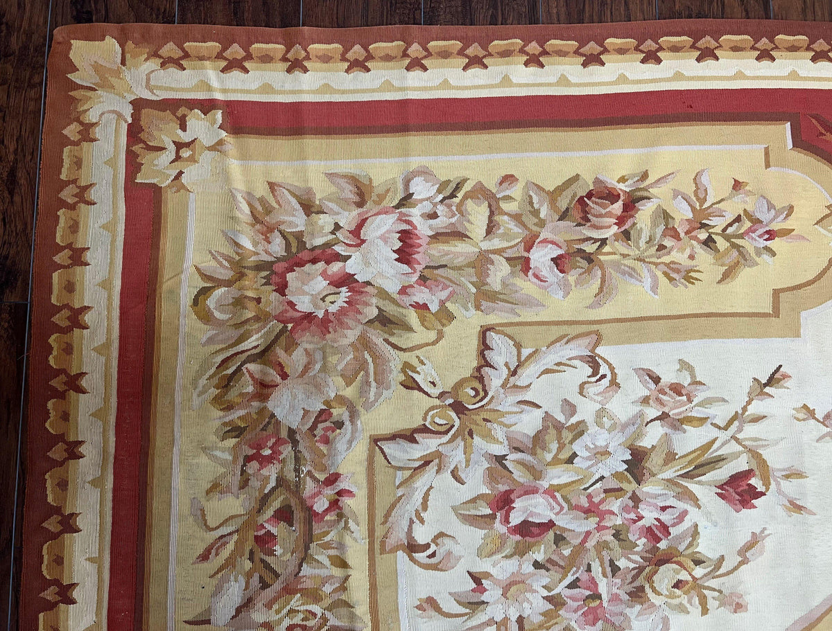 Aubusson Rug 9x12, Elegant Flatweave Savonnerie Carpet 9 x 12 ft, Ivory Light Yellow Red, Handmade Wool Flatweave French European Rug - Jewel Rugs, view 7