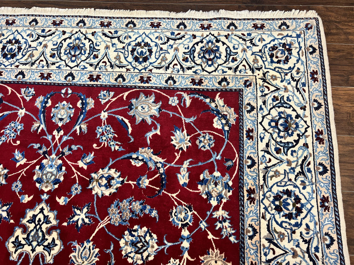 Persian Nain Rug 6x10, Wool and Silk Highlights, Red and Ivory, Floral Medallion, Vintage Handmade Hand Knotted, Fine 225 KPSI, Traditional Rug - Jewel Rugs, view 7