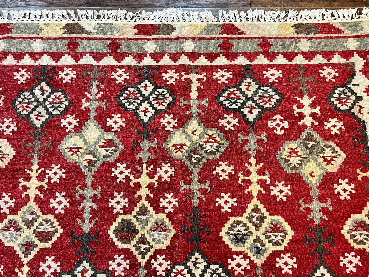 Indian Kilim Rug 6x6, Square Kilim Flatweave Carpet, Vintage Handmade Wool Rug, Red - Jewel Rugs, view 4
