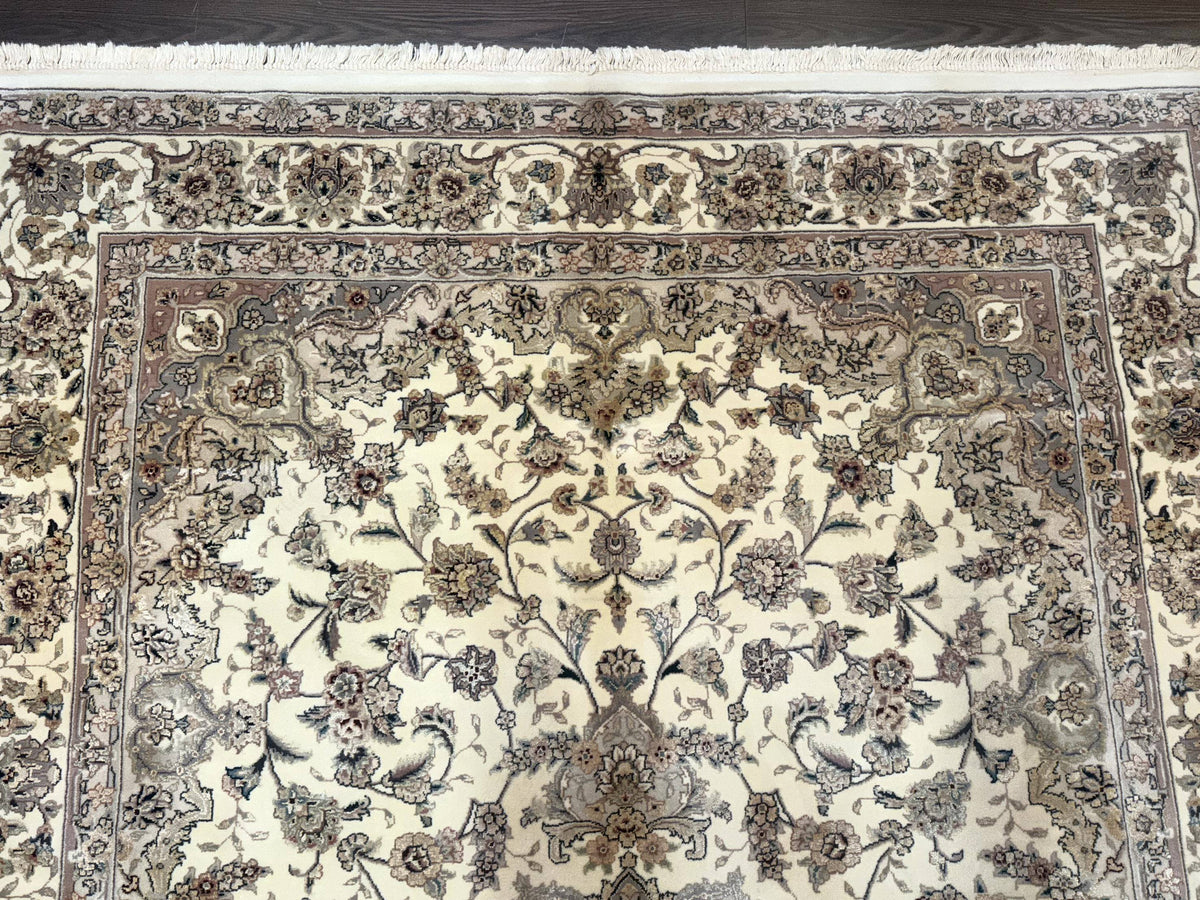 Sino Persian Rug 6x9, Floral Medallion, Ivory & Taupe, Wool with Silk Highlights, Fine 210 KPSI - Jewel Rugs, view 3