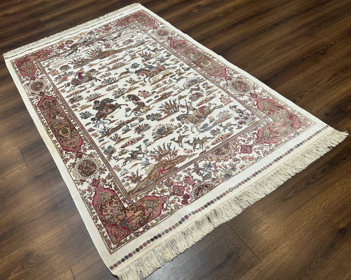 Turkish Silk Hunting Scene Rug 4x6, Ivory, Bamboo Silk, New - Jewel Rugs, view 13