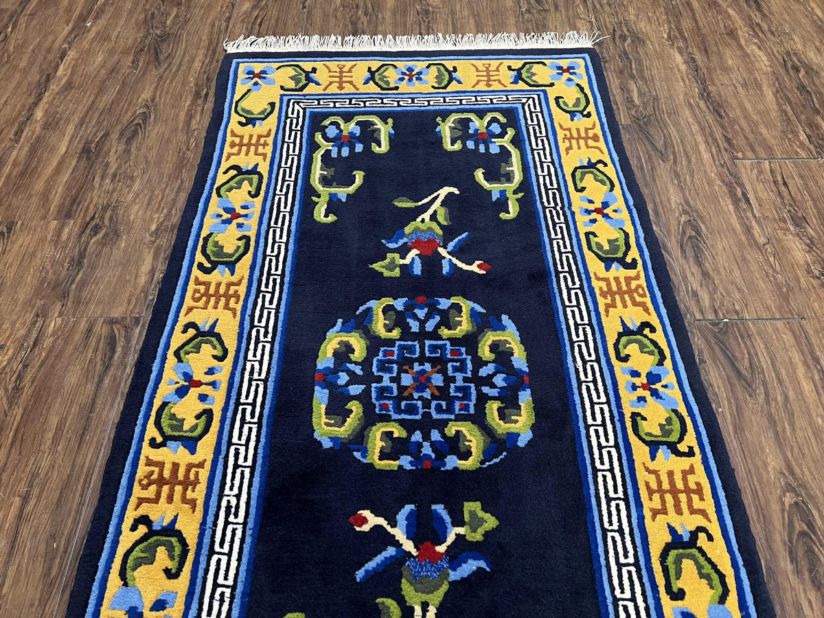 Chinese Art Deco Rug 3 x 5.9, Handmade Chinese Peking Carpet, Dark Blue and Gold, Medallion, Asian Oriental 3x6 Hand Knotted Vintage Rug - Jewel Rugs, view 13
