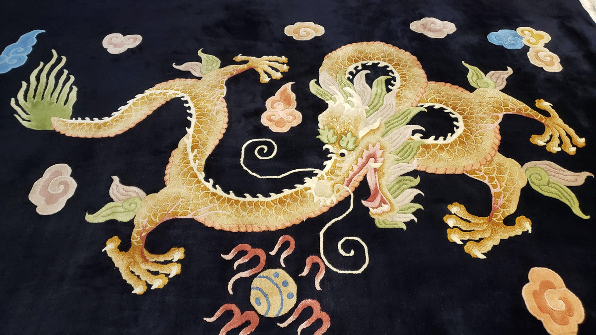 Rare Antique Chinese Art Deco Rug 6x9 with Dragon, Black Chinese Carpet 6 x 9, Hand Knotted Wool Area Rug - Jewel Rugs, view 4