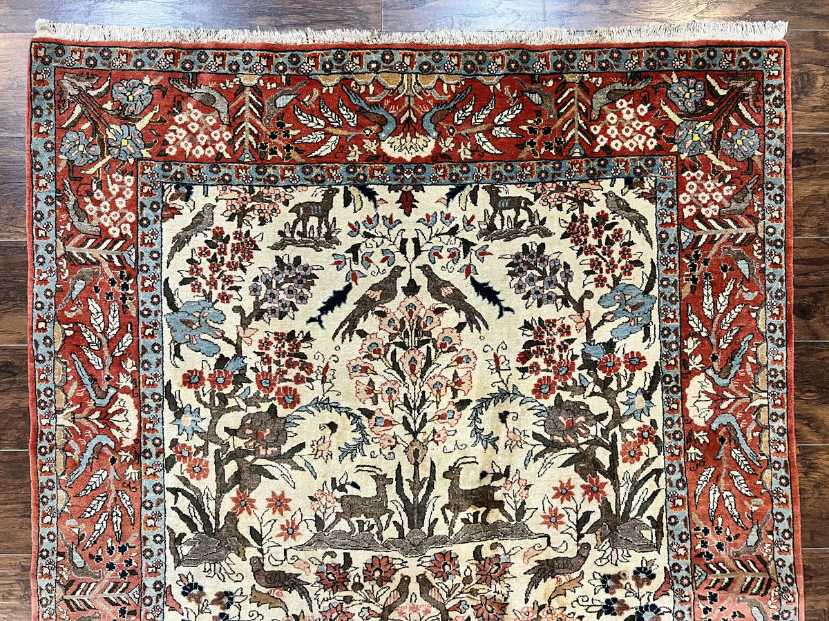 Persian Tree of Life 5x7, Qum Rug, Animal Motifs, Deer Birds, Fine 225 KPSI, Semi Antique Wool Rug, Cream Red - Jewel Rugs, view 3