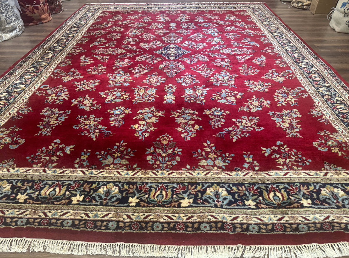 Indo Persian Sarouk Rug 10x14, Large Red and Navy Blue Carpet, Traditional Floral Wool Rug - Jewel Rugs, view 2