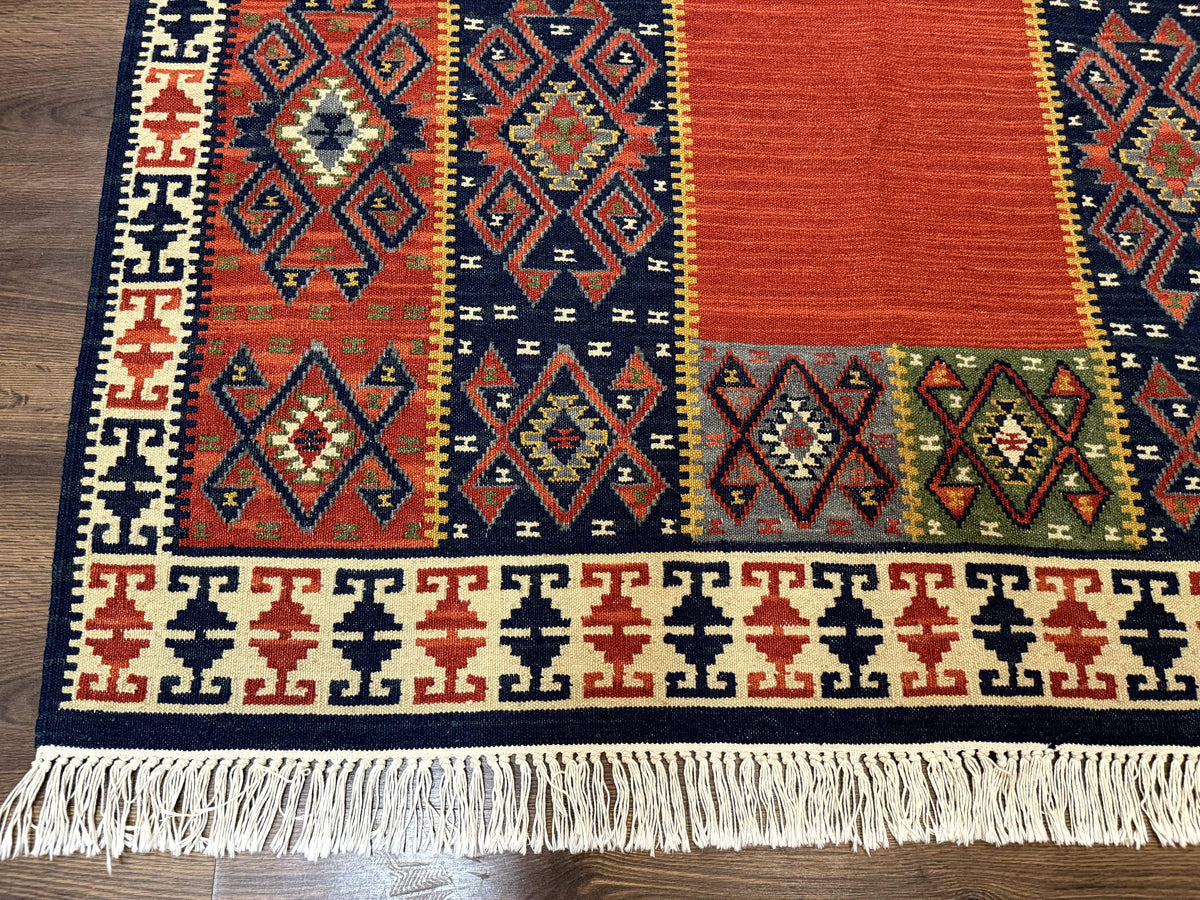 Turkish Kilim Rug 5x8, Flatweave Carpet, Handmade Bohemian Rug, Terracotta and Navy Blue - Jewel Rugs, view 9