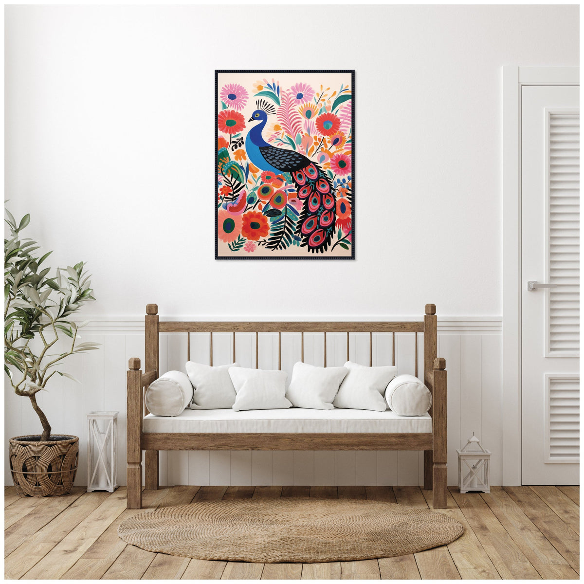 Bright Colorful Boho Peacock by The Creative Bunch Studio Framed Canvas Wall Art Print