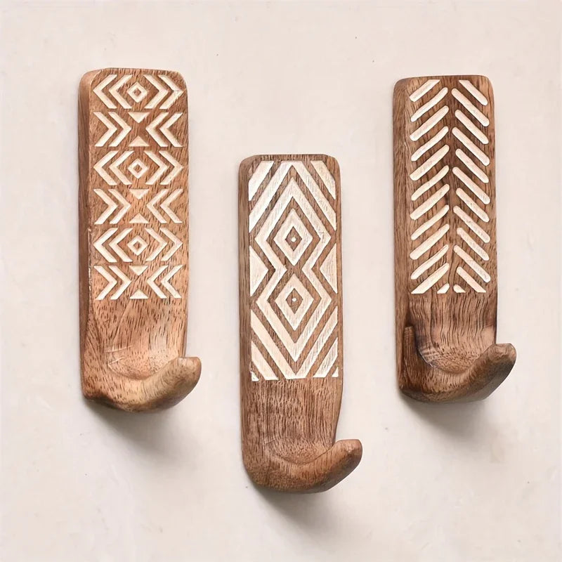 3pcs Boho Wooden Wall Hooks Set, Rust Resistant, Easy Install Adhesive, Perfect for Bathroom & Home Decor, Con — House of Avana, view 1 of 20