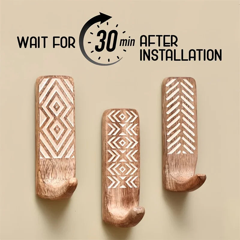 3pcs Boho Wooden Wall Hooks Set, Rust Resistant, Easy Install Adhesive, Perfect for Bathroom & Home Decor, Con — House of Avana, view 2 of 20