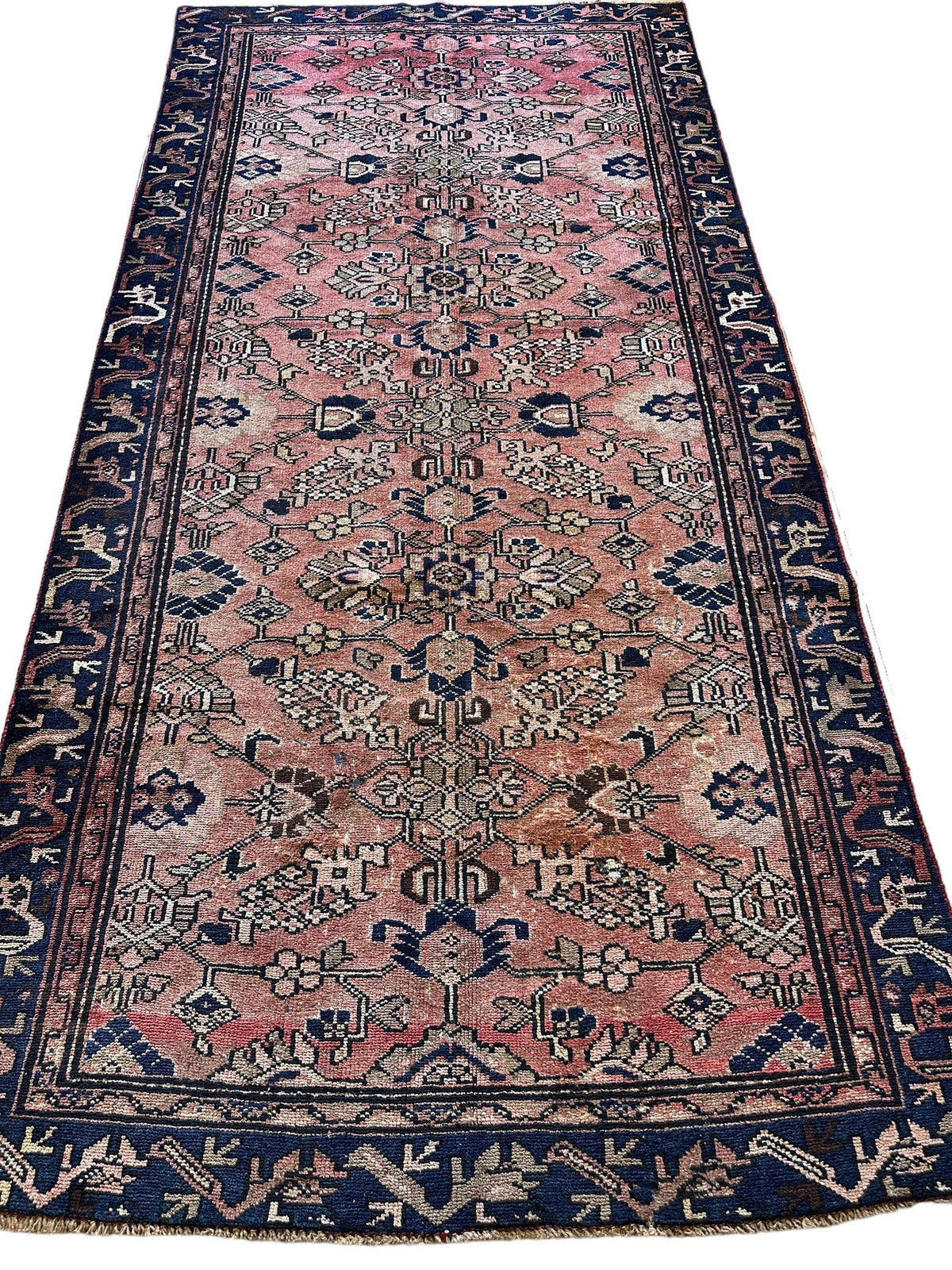 Antique Persian Lilihan Rug 4x9 | Rust, Pink & Navy | Hand-Knotted Wool - Rugistan, view 3