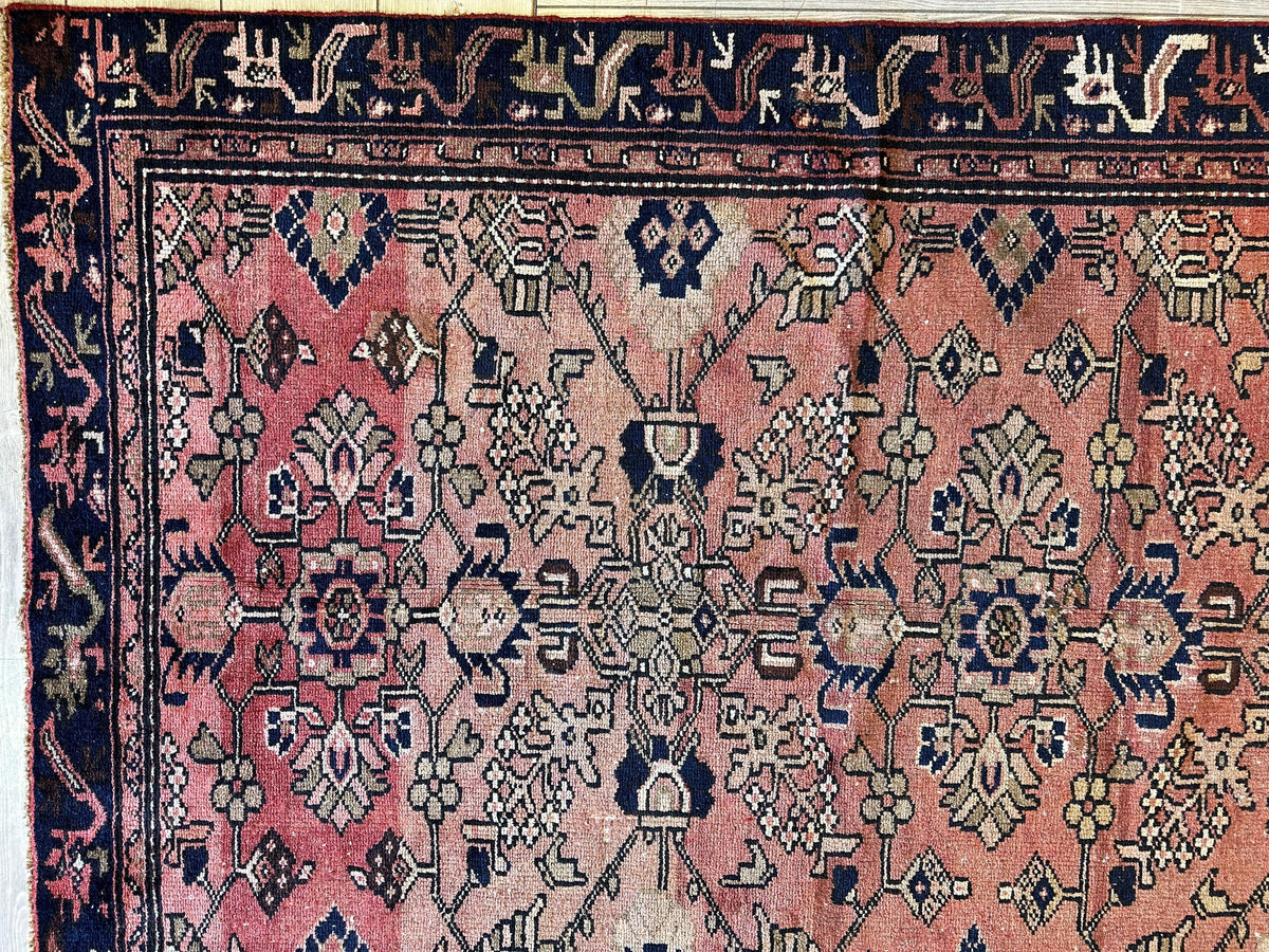 Antique Persian Lilihan Rug 4x9 | Rust, Pink & Navy | Hand-Knotted Wool - Rugistan, view 6