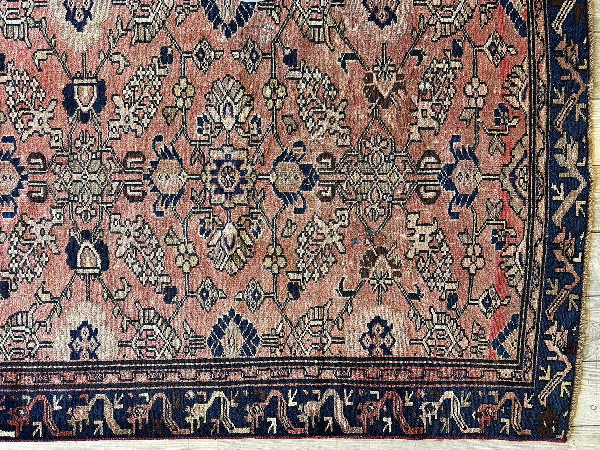 Antique Persian Lilihan Rug 4x9 | Rust, Pink & Navy | Hand-Knotted Wool - Rugistan, view 9