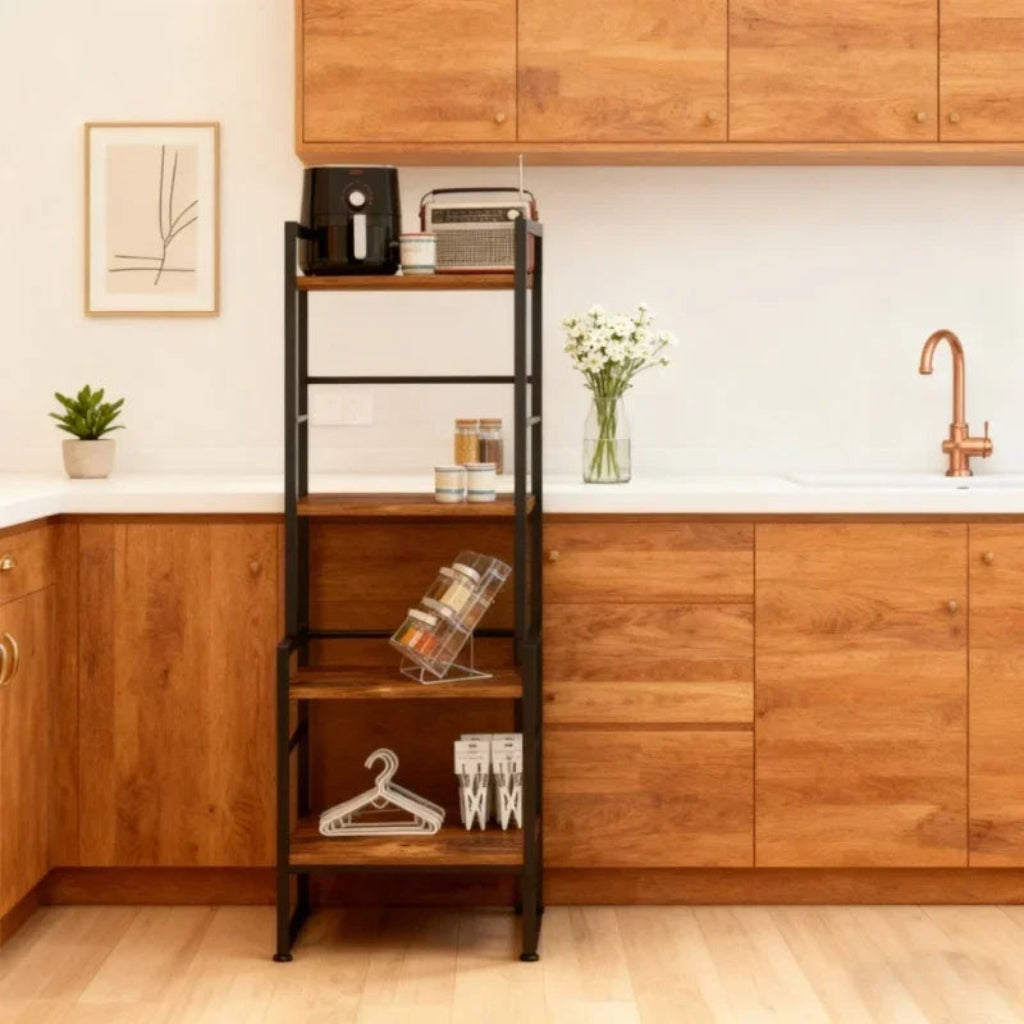 4-Tier Industrial Metal Frame Bookshelf with Dark Wood Shelves