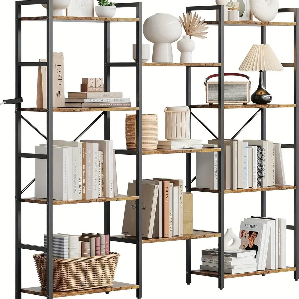4-Tier Industrial Bookshelf with 11 Display Shelves - Freestanding Metal Frame, Modern Wide Bookcase for Living Room & Office, Beige Finish, Assembly Required, 68.58cm Height, Book Storage, Minimalist Decor, Sturdy Constructi