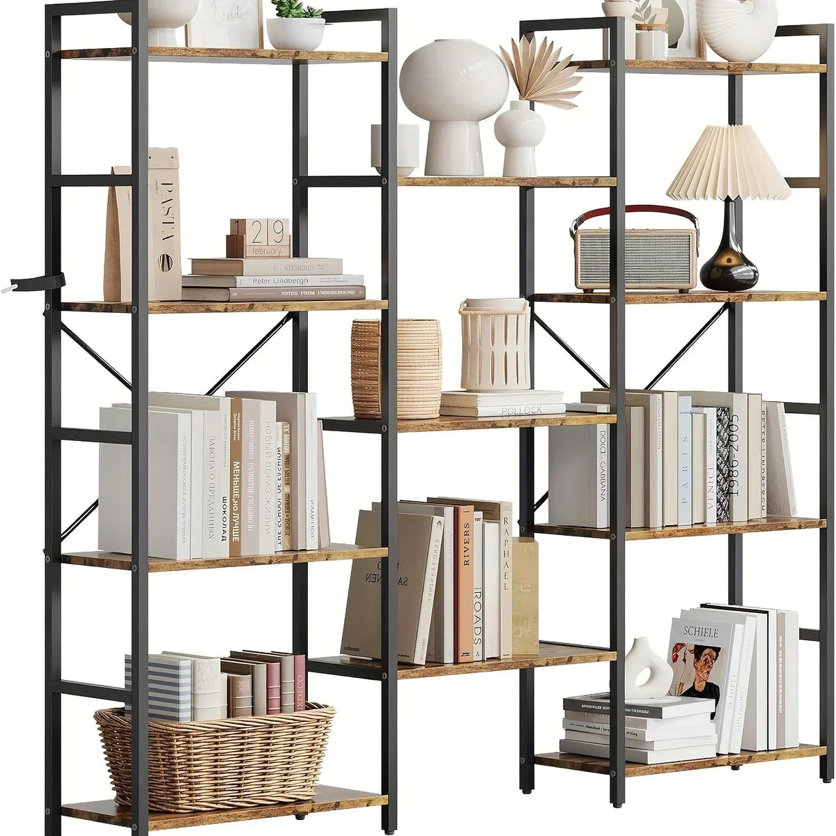 4-Tier Industrial Bookshelf with 11 Display Shelves - Freestanding Metal Frame, Modern Wide Bookcase for Living Room & Office, Beige Finish, Assembly Required, 68.58cm Height, Book Storage, Minimalist Decor, Sturdy Constructi