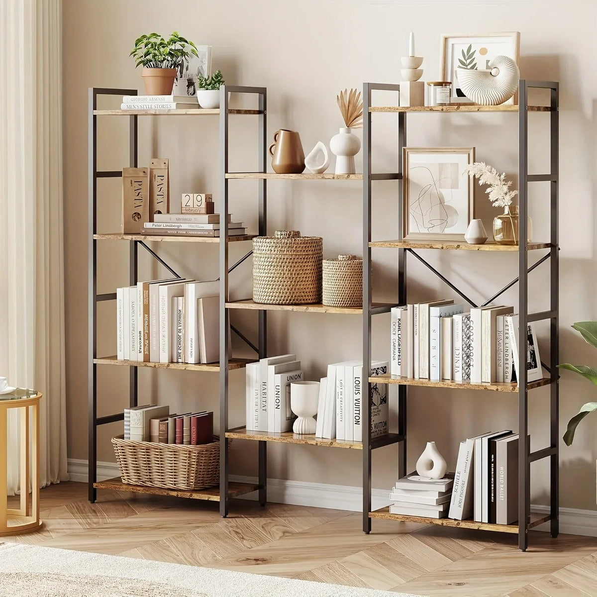 4-Tier Industrial Bookshelf with 11 Display Shelves - Freestanding Metal Frame, Modern Wide Bookcase for Living Room & Office, Beige Finish, Assembly Required, 68.58cm Height, Book Storage, Minimalist Decor, Sturdy Constructi