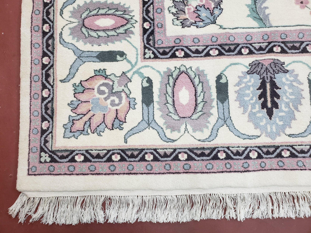 Ivory & Teal Indo Persian Area Rug 9x12, Wool Hand-Knotted Oriental Carpet, 9 x 12 Soft Traditional Living Room Rug, Dining Room Rug - Jewel Rugs, view 8