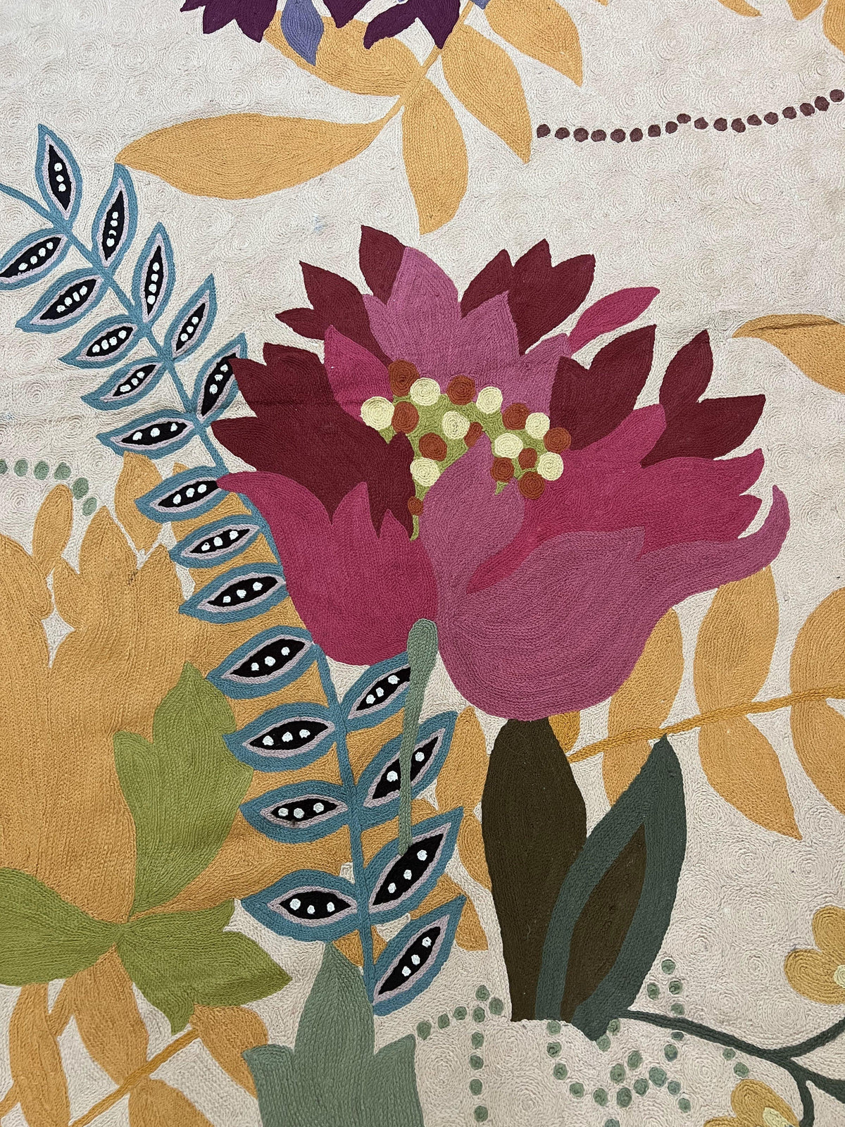 Indian Chain Stitched Rug 4x6, Hand Stitched Indian Embroidery Carpet, Large Floral Design, Contemporary, Cream and Colorful Flowers, Wool - Jewel Rugs, view 12