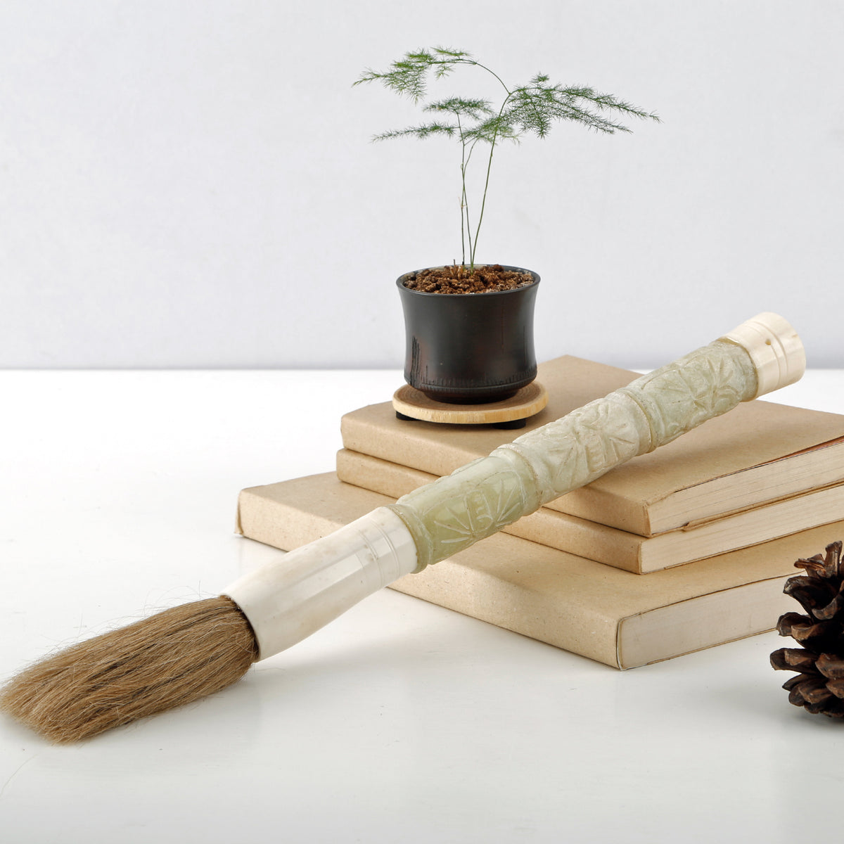 15"Hand Carved Lucky Pattern Calligraphy Brush Neutral White Jade