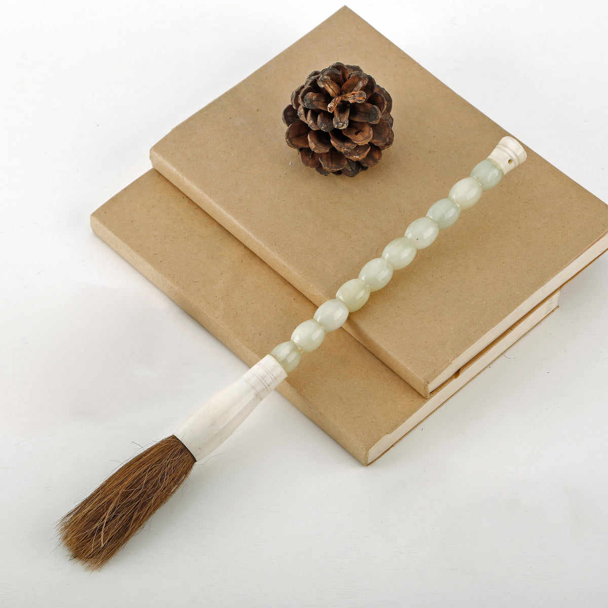 12" Oval Jade Beads Calligraphy Brush Neutral White