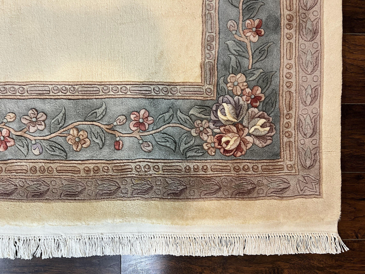 Chinese Carving Rug 8x10, Chinese Wool Carpet 8 x 10, Cream, 120 Line Rug, Vintage Handmade Art Deco Asian Oriental Rug, Aubusson Rug - Jewel Rugs, view 9