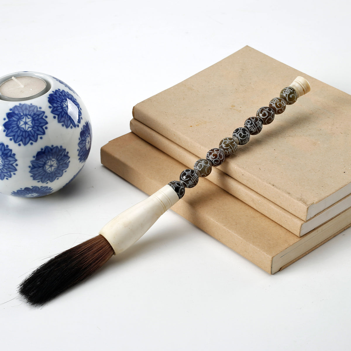 Approx.11" carved brwonish marble beads calligraphy brush