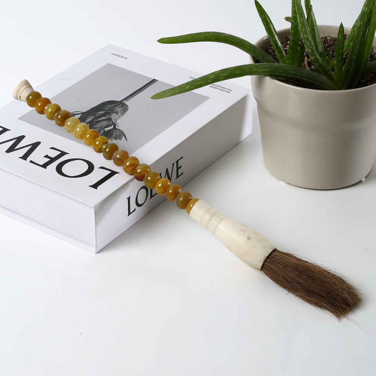 12" Agate Beads Calligraphy Brush Yellow Brown