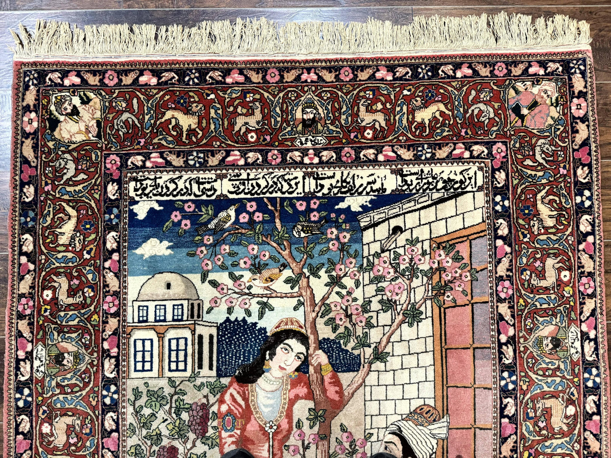 Wonderful Persian Kashan Pictorial Rug 4.7 x 6.5, Persian Rug for Wall Hanging, Handmade Antique Wool Carpet Animal Motifs Poetry Lovers, 240 KPSI - Jewel Rugs, view 4