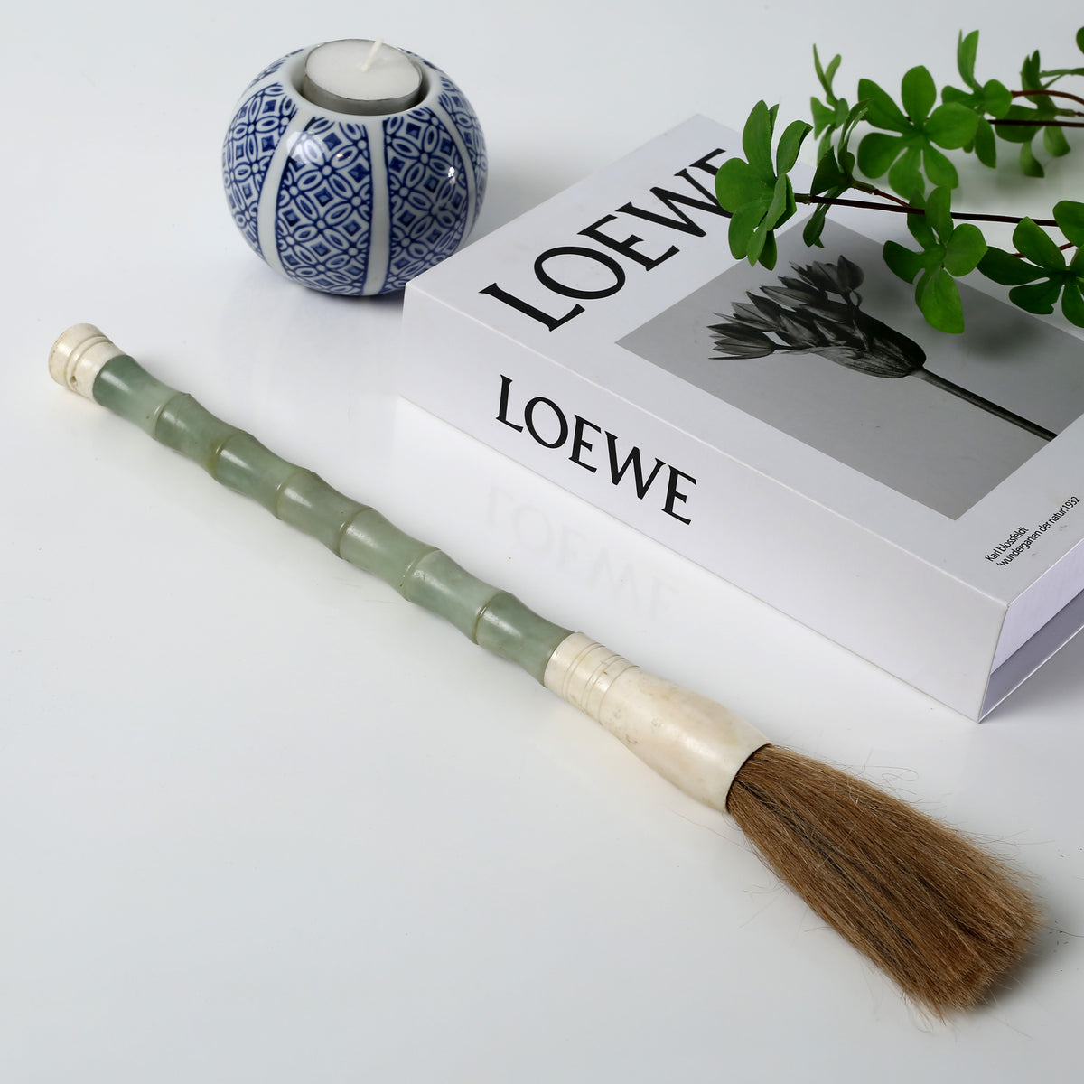 12" Bamboo Shaped Jade Calligraphy Brush Neutral Green