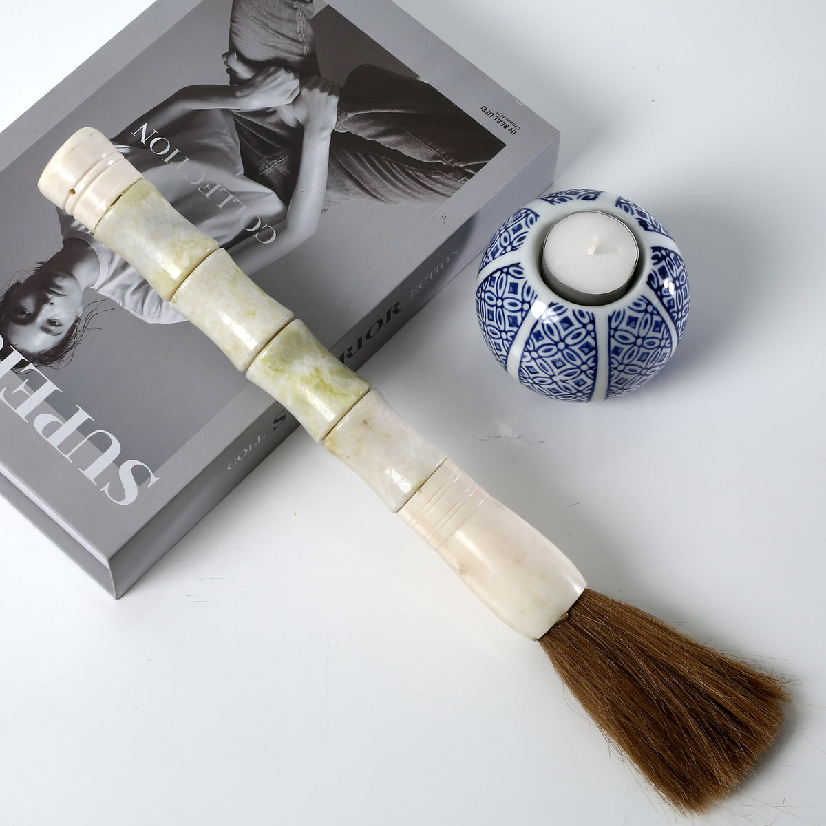 14" white jade bamboo shaped calligraphy brush large