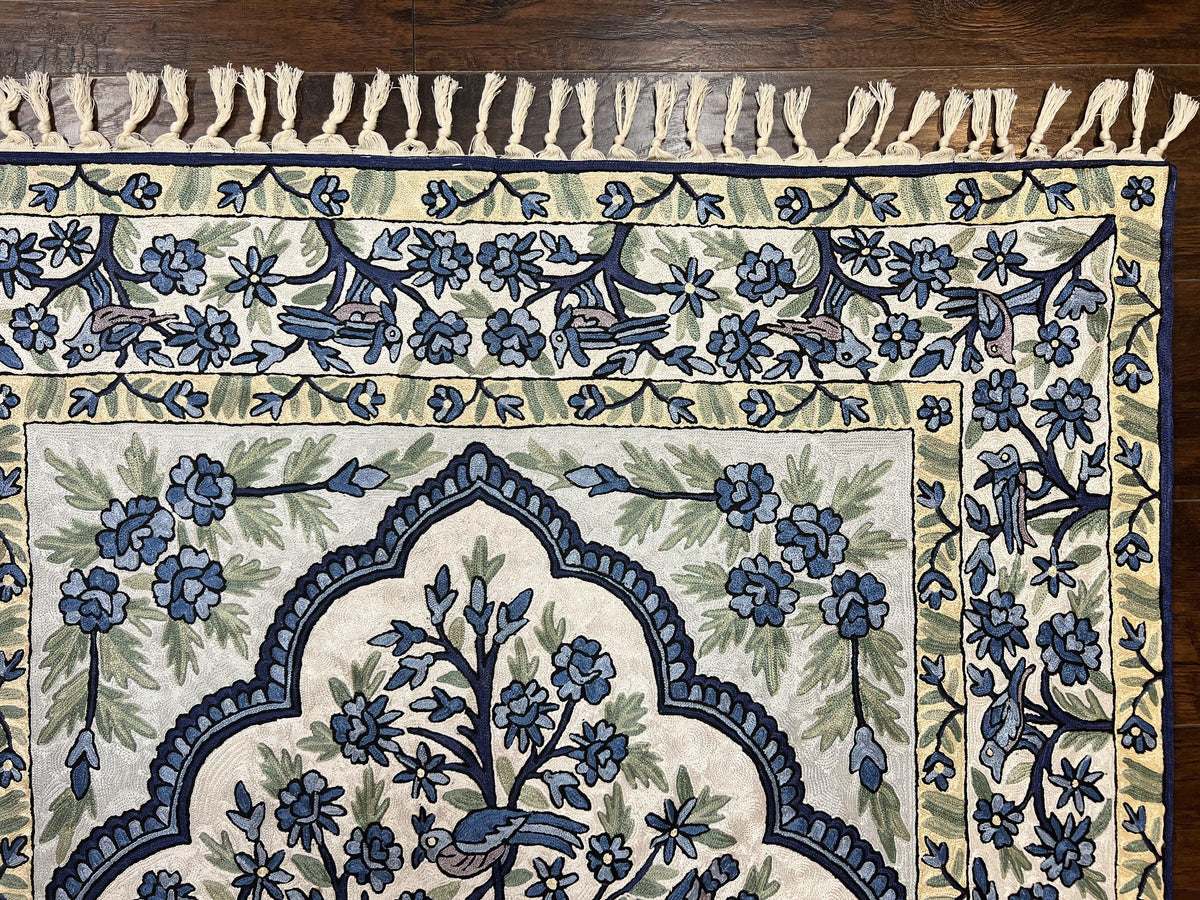 Tree of Life Indian Hand Stitched Rug 4x6, Indian Wall Hanging Rug, Ivory Blue, Silk on Cotton, Vintage - Jewel Rugs, view 8