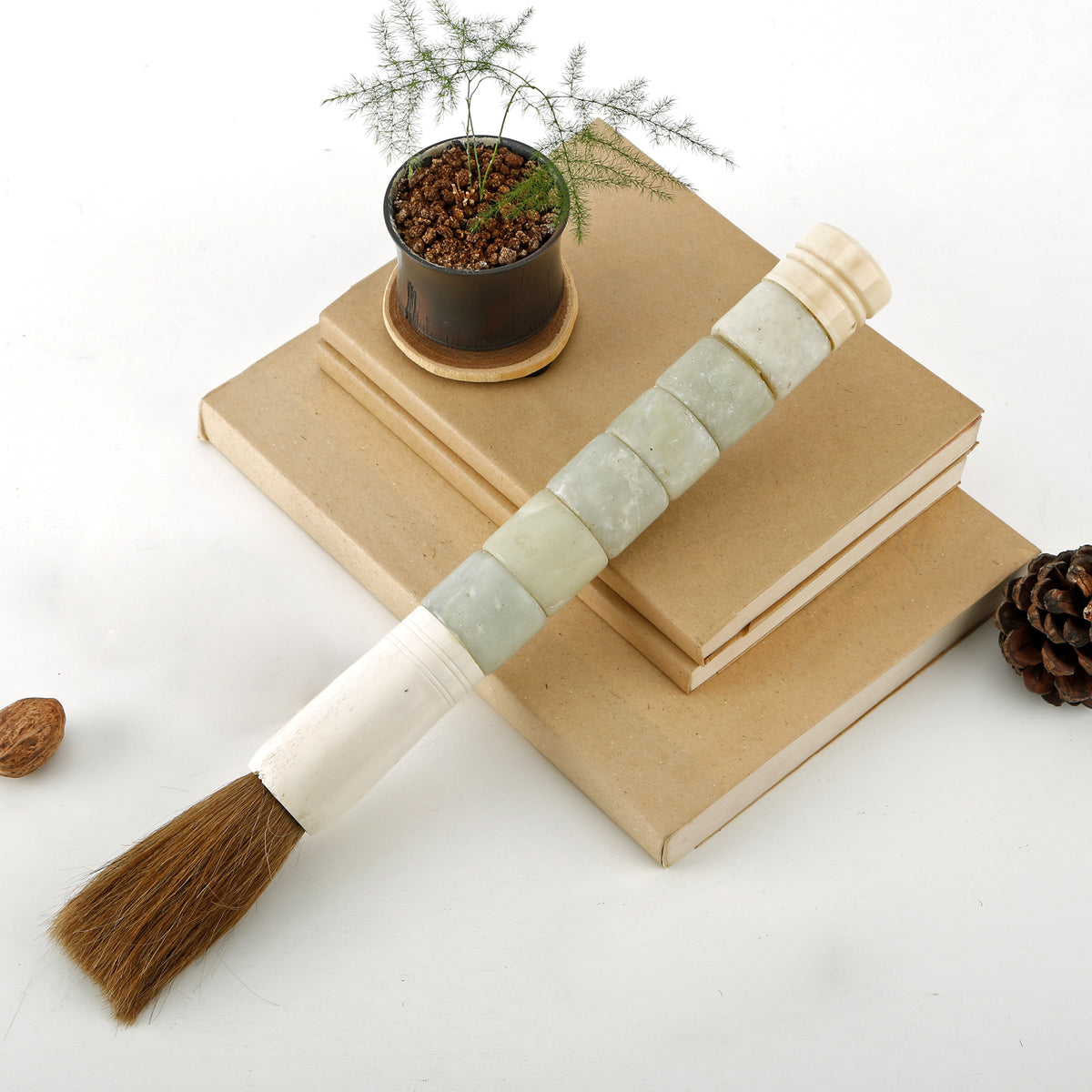 Approx. 16" Calligraphy Brush with Neutral Green Jade Cylinder