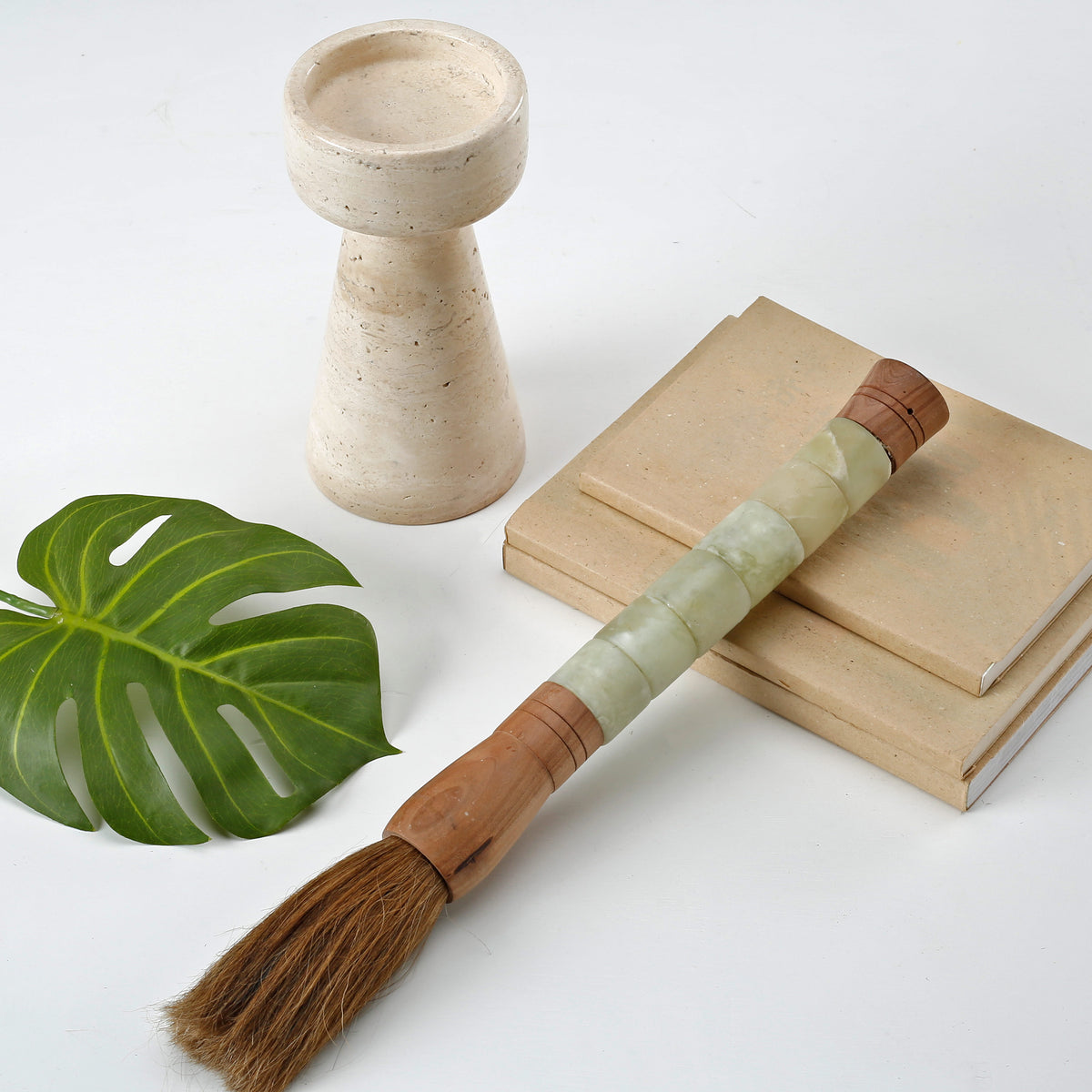 16" Calligraphy Brush Neutral White Jade Cylinder With Darker Handle