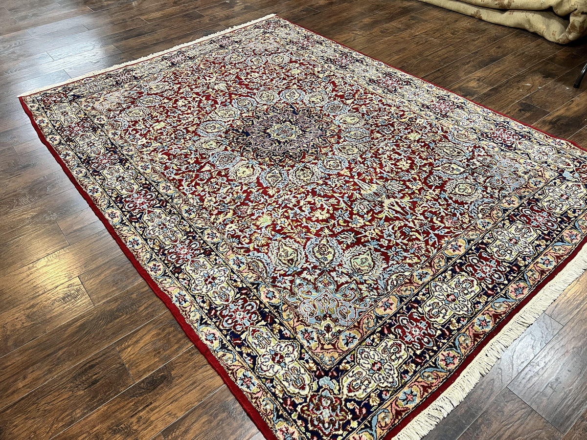 Persian Kirman Rug 7x10, Hand Knotted Wool Floral Medallion Carpet, Dark Red - Jewel Rugs, view 12