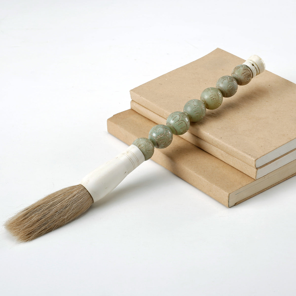 Approx.13" Carved Neutral GreenJade Beads Calligraphy Brush