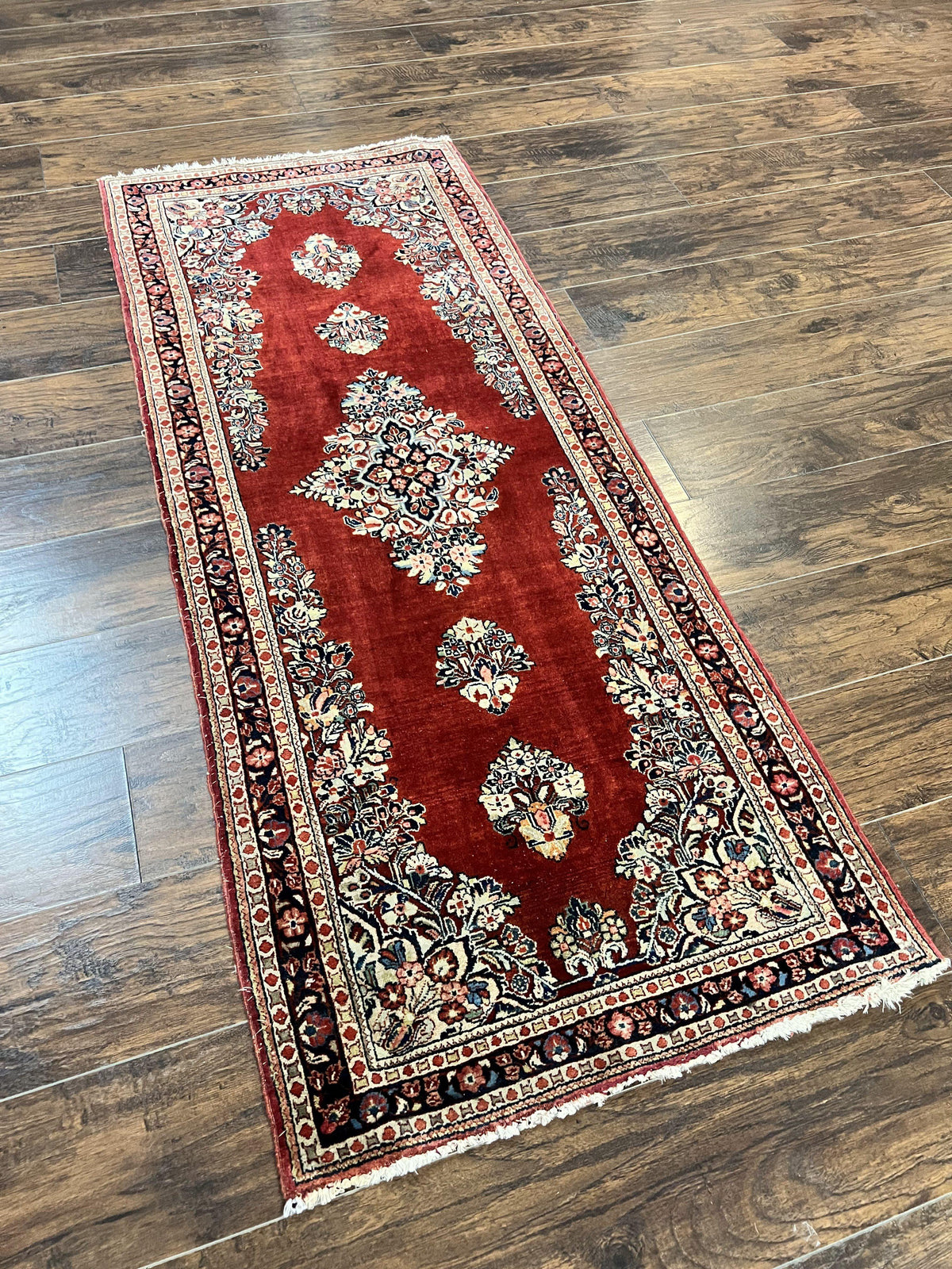 Persian Sarouk Runner Rug 2.7 x 6, Semi Open Field, Red, Handmade Hand Knotted, Wool Oriental Carpet, Vintage Semi Antique - Jewel Rugs, view 13
