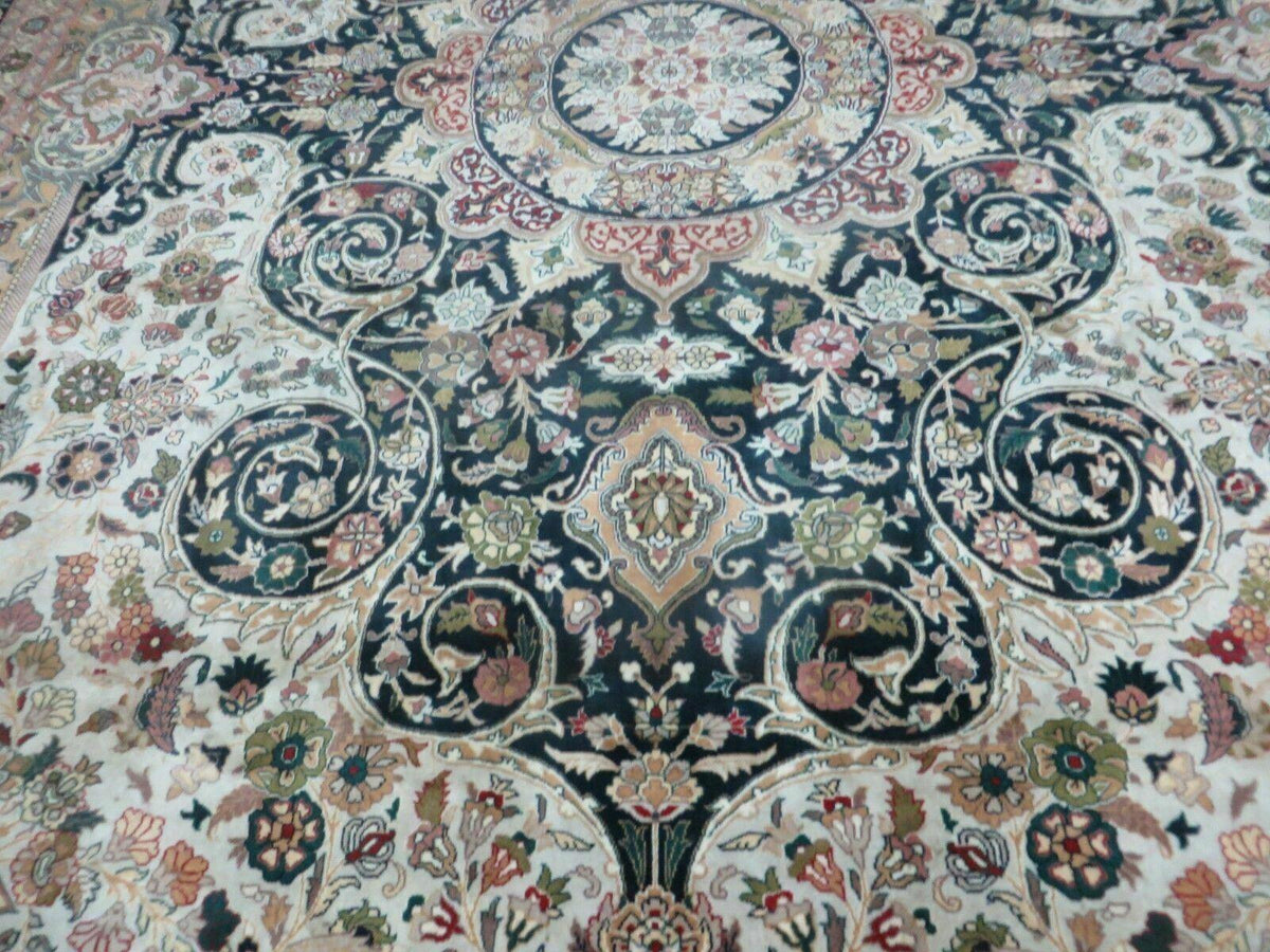 Beautiful Sino Persian Rug 9x12, Elegant High Quality Handmade Wool Oriental Carpet, Medallion with Corner Design, Floral, Black and Ivory - Jewel Rugs, view 10