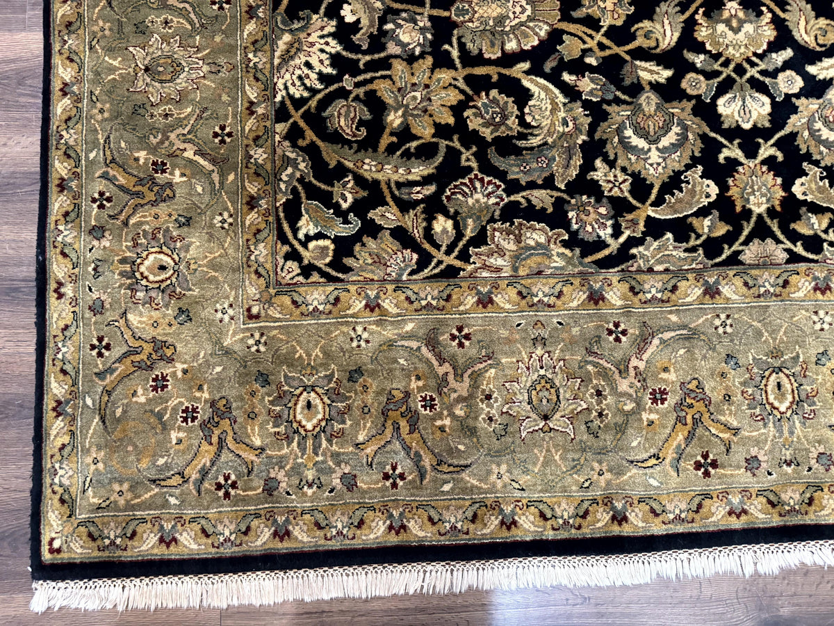 Indo Persian Rug 8x10, Black and Green, Wool, Handmade, Traditional, Floral Allover, Vintage - Jewel Rugs, view 9