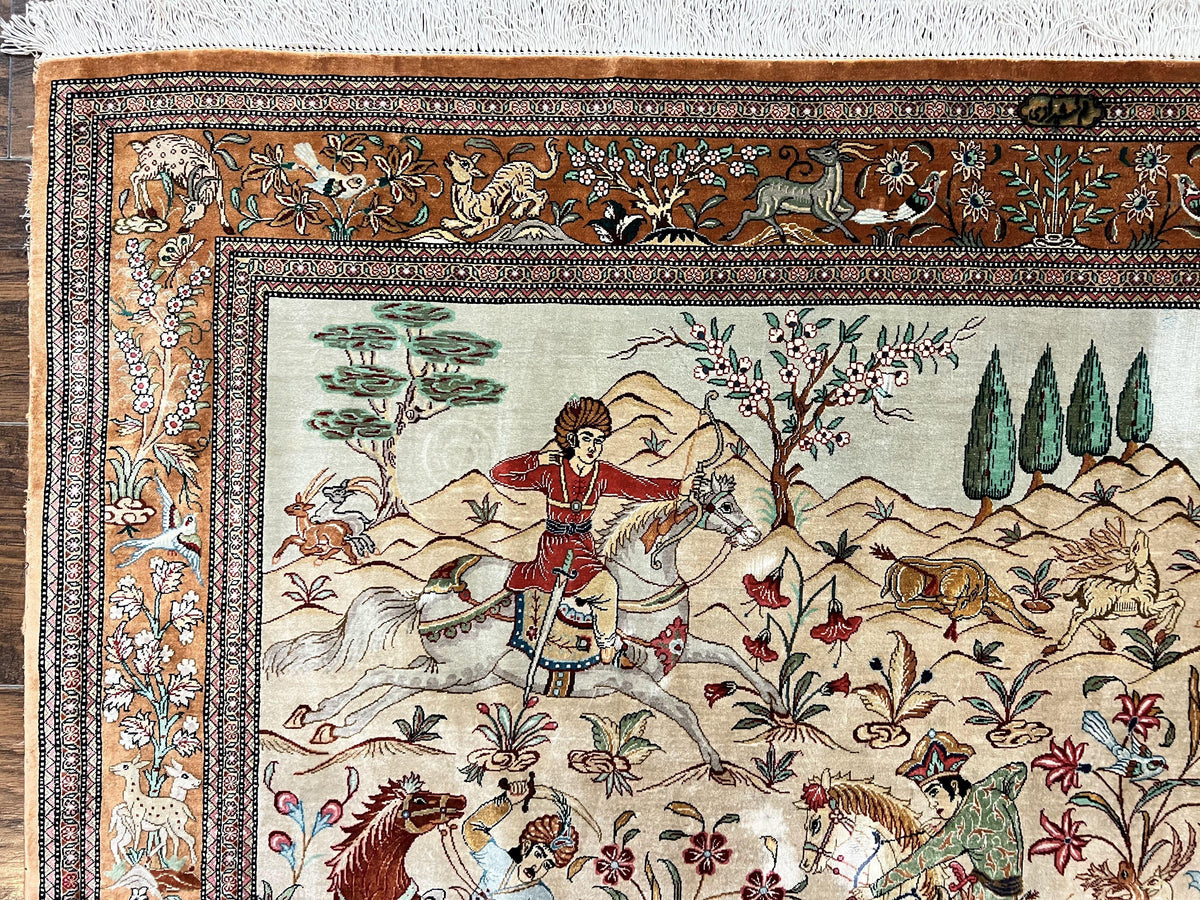 Silk Persian Qum Rug 3x5, Hunting Pattern, Handmade Vintage Carpet, Signed by Master Weaver, Horsemen Pictorials, Super Fine 650 KPSI - Jewel Rugs, view 6