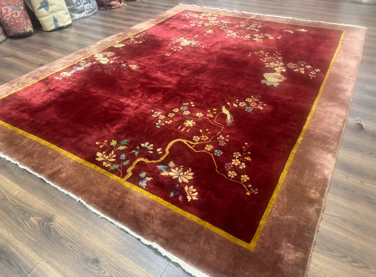 Red Chinese Art Deco Rug 9x11, Simple Design, Wool Chinese Area Rug, Antique - Jewel Rugs, view 3