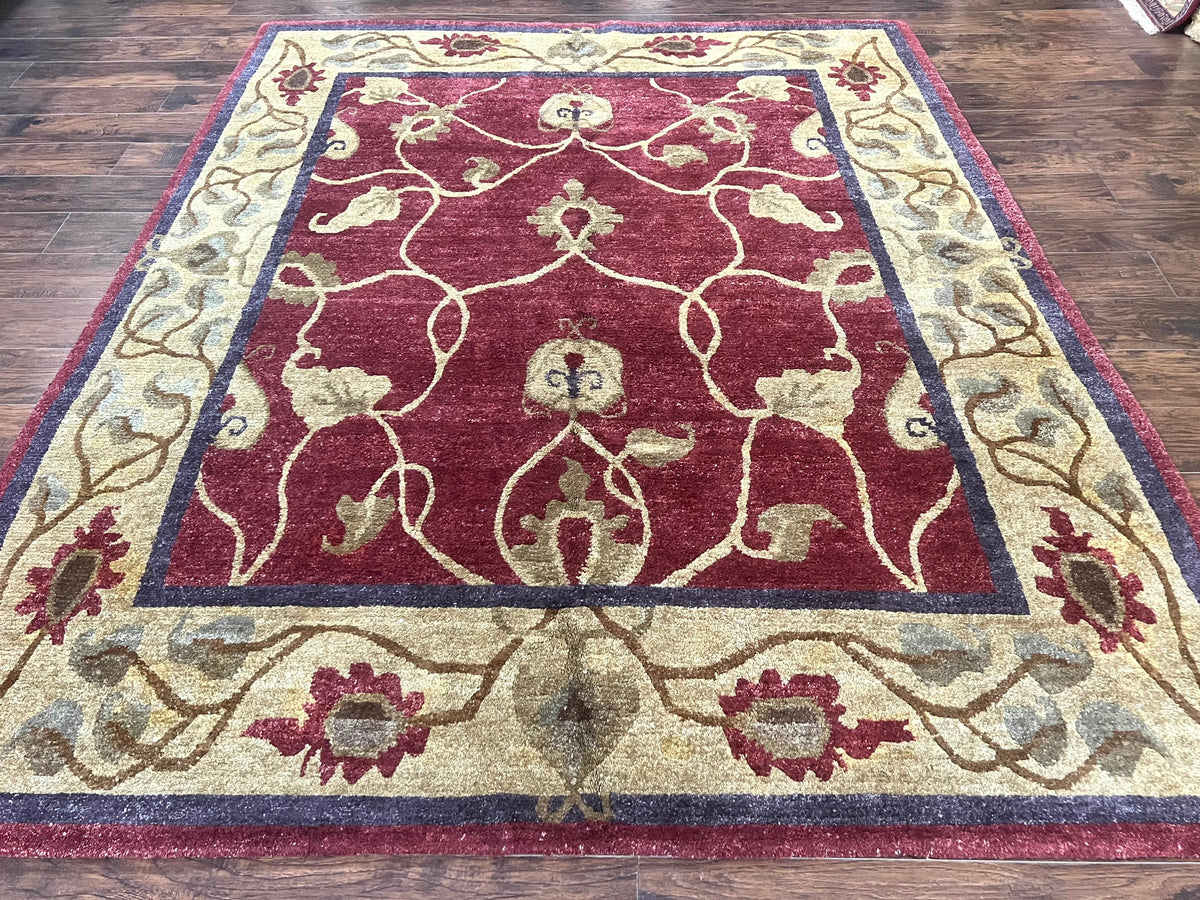 Tibetan Aubusson Rug 8x10, Maroon and Beige, Floral, Handmade, Wool, Vintage, Traditional Rug - Jewel Rugs, view 2