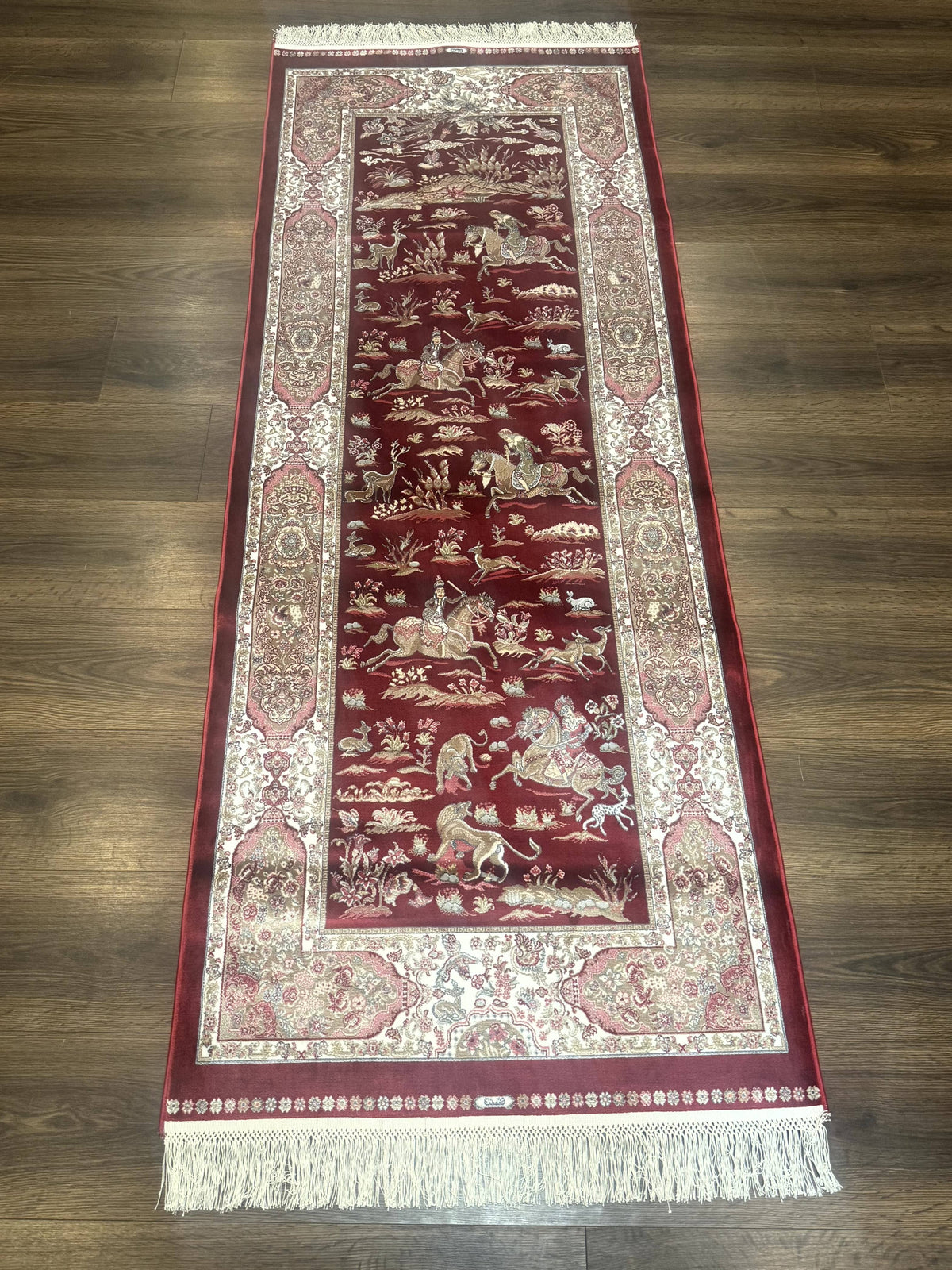 Turkish Silk Rug 2.6 x 6.7, Hunting Design, Short Runner Rug, Red & Ivory, Bamboo Silk, New - Jewel Rugs, view 2