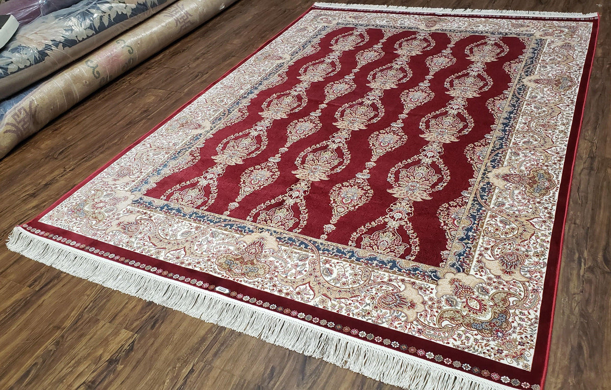 Dark Red Silk Carpet 5.3 x 7.6 ft, 5x8 Silk Rug, New Turkish Silk Carpet, Mint Condition, Beige & Red Area Rug, Bamboo Silk, High Quality - Jewel Rugs, view 3