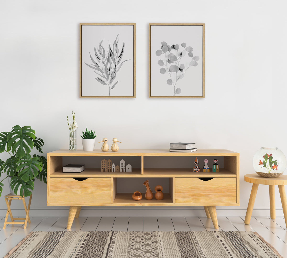 Sylvie Neutral Botanical 1 and 2 Soft White Framed Canvas by The Creative Bunch Studio