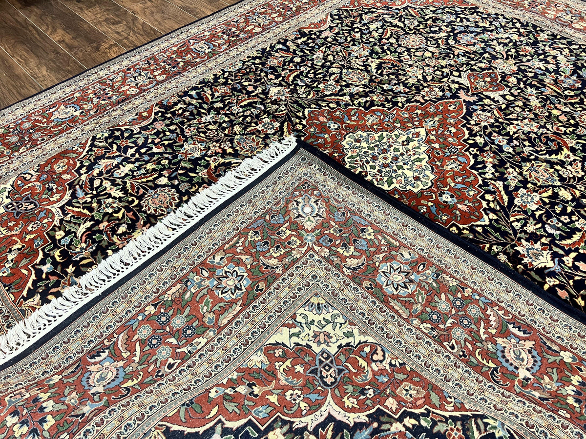 Indo Persian Rug 8x10, Floral Medallion, Vintage Handmade Wool Carpet, Navy Blue and Red, Fine 300 KPSI - Jewel Rugs, view 12