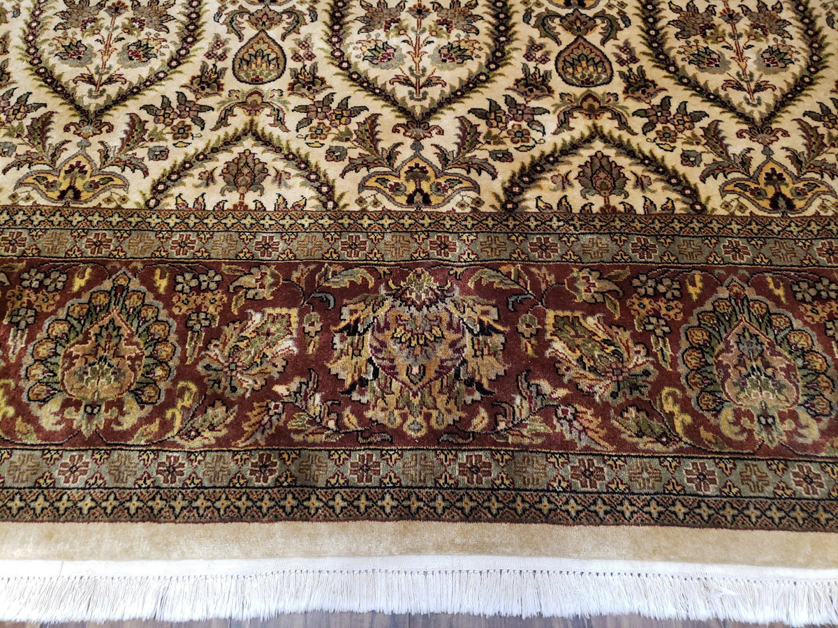 Vintage Indo Persian Area Rug 9x12, Wool Hand-Knotted Ivory & Dark Red Oriental Carpet, Fine Weave 9 x 12 Indian Rug, Dining Room Rug - Jewel Rugs, view 13